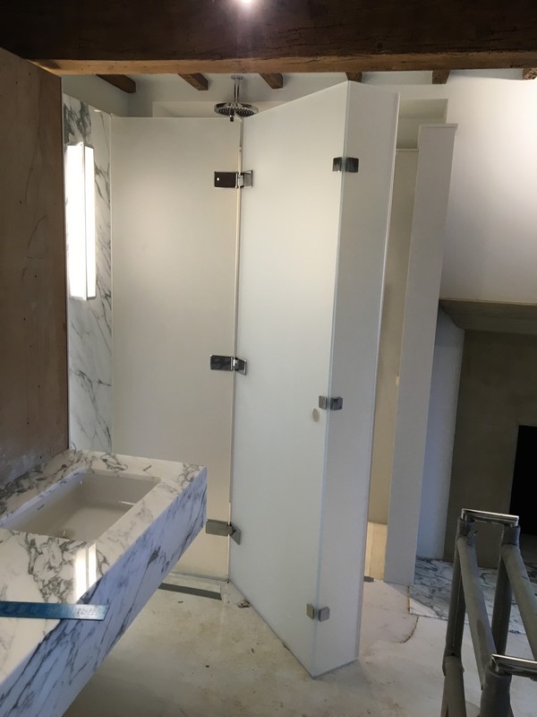 Bespoke frosted glass shower enclosure in Ascot luxury bathroom